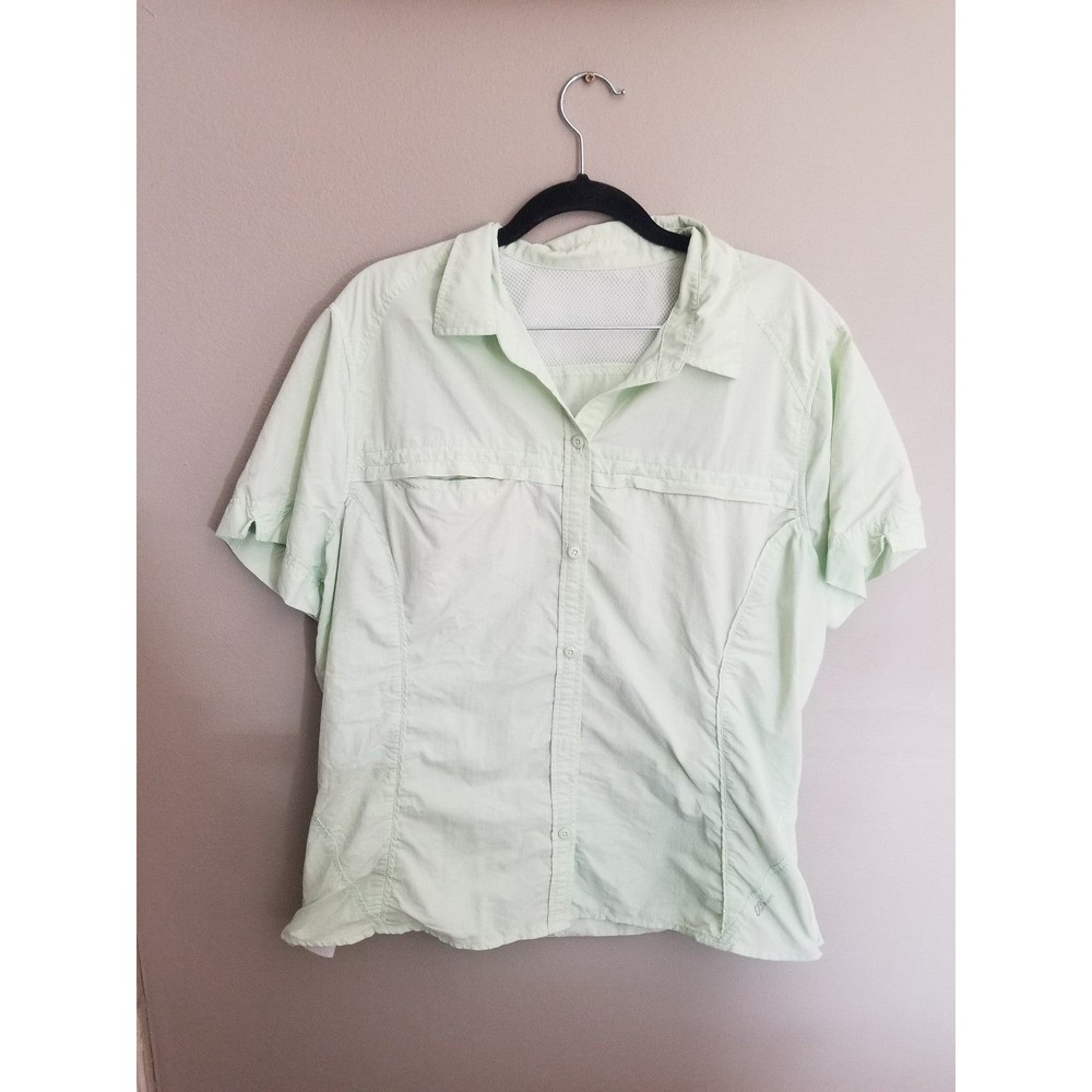 B sport hiking fishing shirt button down up green collar short sleeve L XL